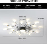Black modern ceiling light fixture with measurements on a white background